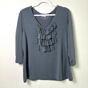 Susan Graver Liquid Knit Top Size L Gray V Neck Ruffle Front 3/4 Sleeve A93455